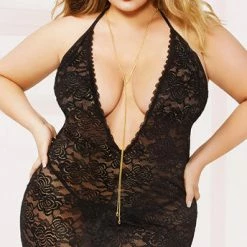 Romance Boutique Secrets Lingerie PLUS SIZE MIDNIGHT BLACK AND GOLD CHEMISE SET