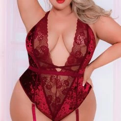 Romance Boutique Secrets PLUS SIZE BURGUNDY BLOSSOM CRUSHED VELVET TEDDY Lingerie