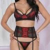 Romance Boutique Secrets Lingerie RED AND BLACK THREE PIECE BRA SET